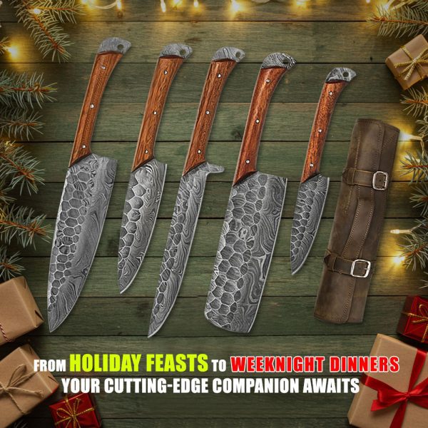 Damascus Craft 5 pcs Chef Set with Leather Roll