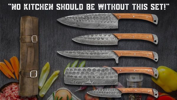 Damascus Craft 5 pcs Chef Set with Leather Roll
