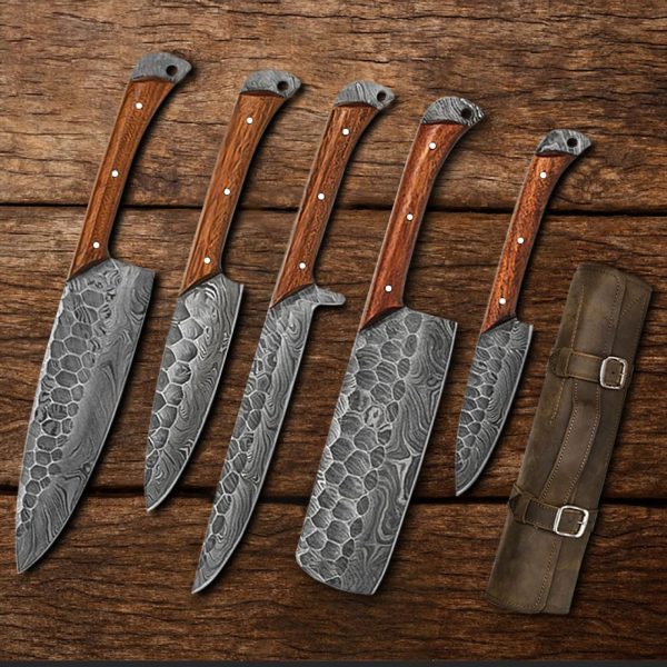 Damascus Craft 5 pcs Chef Set with Leather Roll
